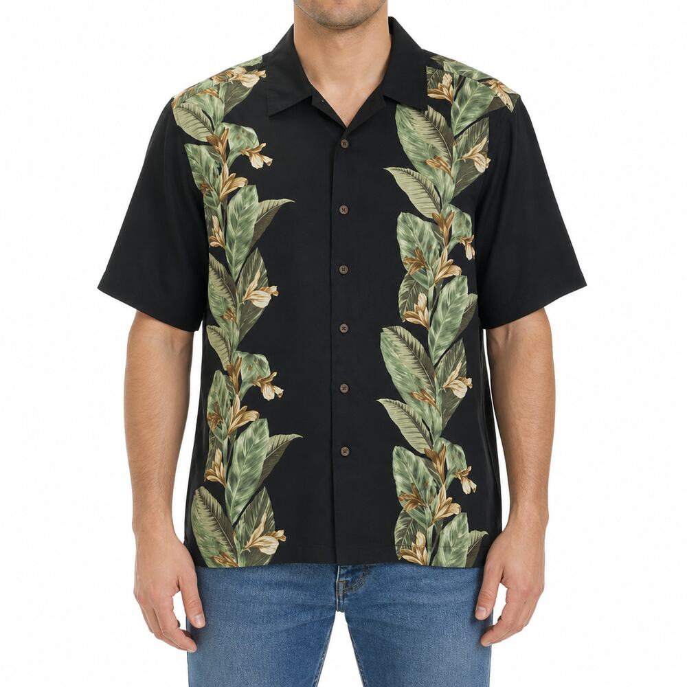 Jamaica Jaxx Shirt Mens Large Black Silk Hawaiian Floral Button Up Camp Summer